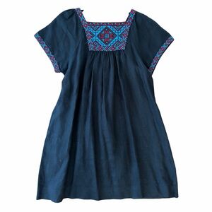 Black linen Madewell short sleeve shift dress with pockets and embroidery detail